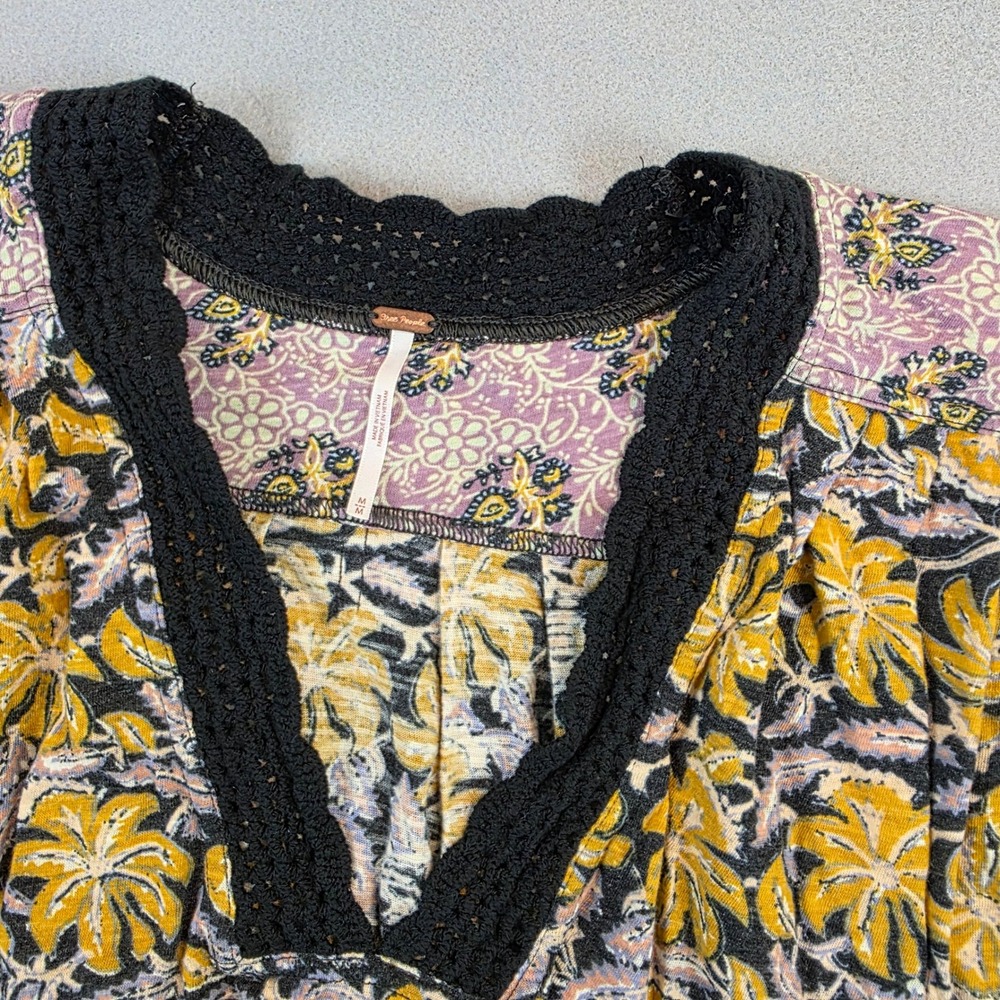 Free People Mixed Floral Boho Crochet V-Neck Cap Sleeve Top Mustard Purple Med - Picture 2 of 10